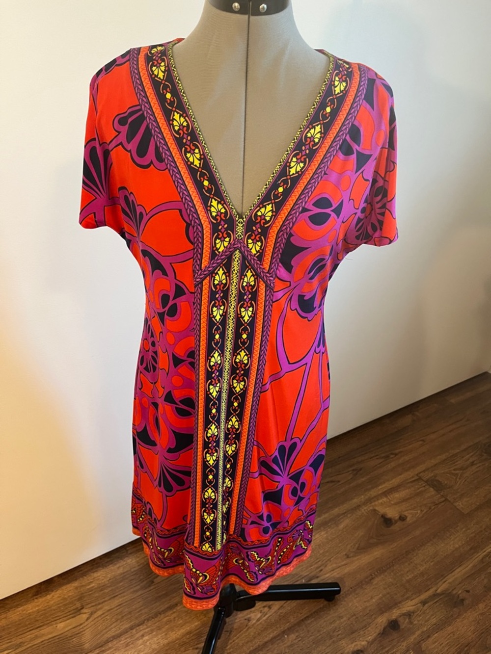 Hale Bob Orange, Purple & Pink V-Neck Floral Midi Dress